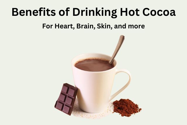 cup of hot cocoa with text that reads "benefits of drinking hot cocoa for heart, brain, skin, and more